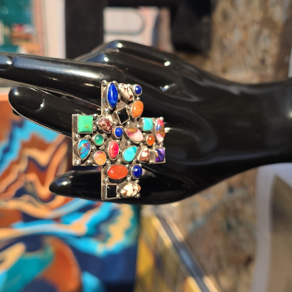 Multicolor Gemstone Cross Adjustable Ring - image 6